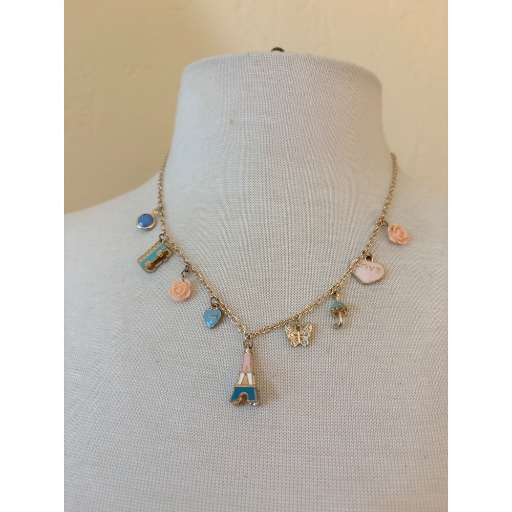 Claires Gold Tone Paris Eiffel Tower Charm Necklace Pink Teal Enamel 18 Inch